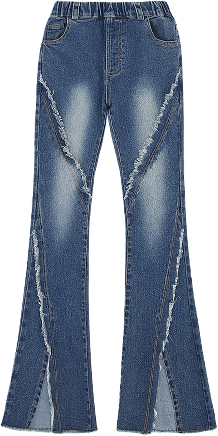 Big Girls Kids Ripped Distressed Flared Jeans Casual Denim Pants Bell Bottoms Ruffled Hem Trousers