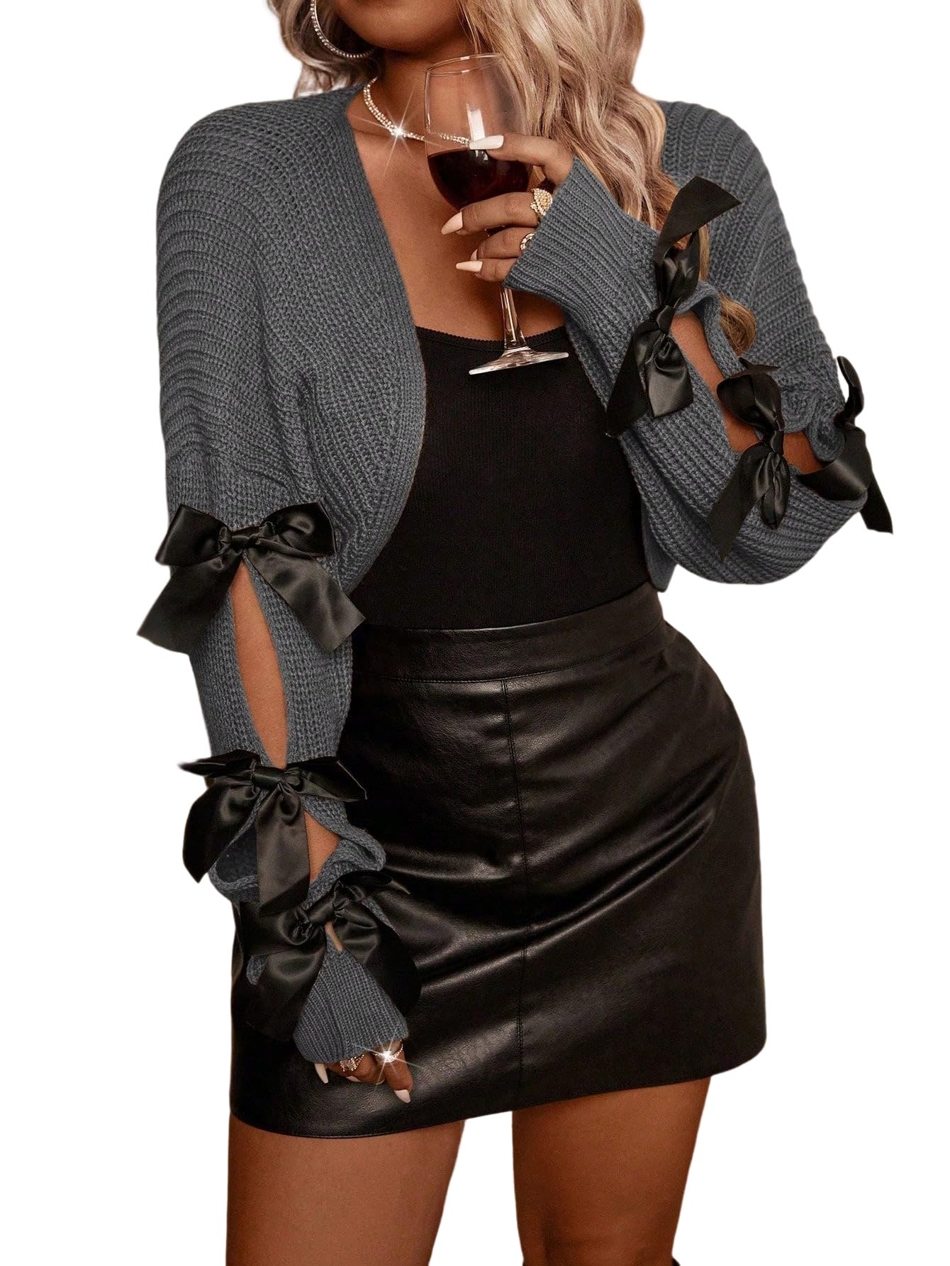 Urchics Women Shrug Cardigans Plus Size Women Bow Decor Split Hem Long Sleeve Fashion Cardigan for Winter Fall