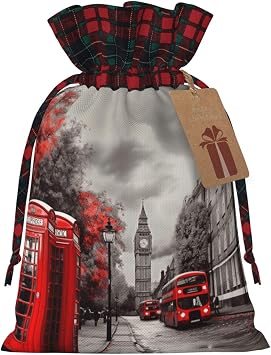 LHBWCVN Red London Street Christmas Drawstring Gift Bags with Tags, Buffalo Plaid Xmas Gift Bags Reusable Gift Wrapping Bag Christmas Fabric Goody Gift Sacks for Party Presents Decorations