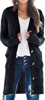 Long Sleeve Cable Knit Long Cardigan for Women 2026 Spring Winter Chunky Open Front Button Sweaters with Pockets