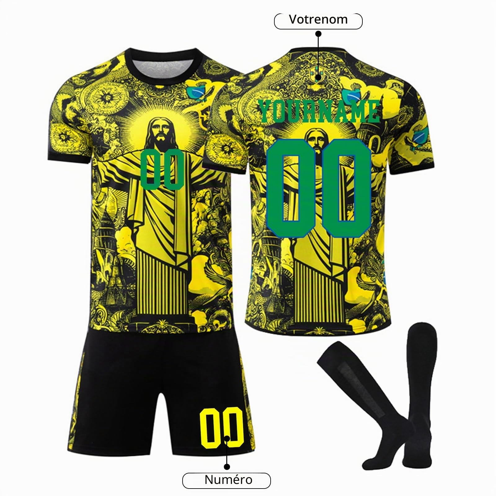 Maillot de Foot Enfant Bresil Personnalisé, Ensemble de Foot Entraînement T-Shirt Short et Chaussettes pour Enfant Et Adulte ，Maillots Personnalisables avec Nom et Numéro