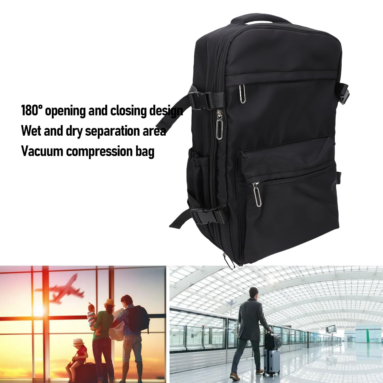 für Reiserucksack mit Vakuum-Kompressionsbeutel, wasserdichte Konstruktion, Schaumstoff-Schultergurte für Komfort, organisiertes Layout mit mehreren Taschen, (Schwarz)