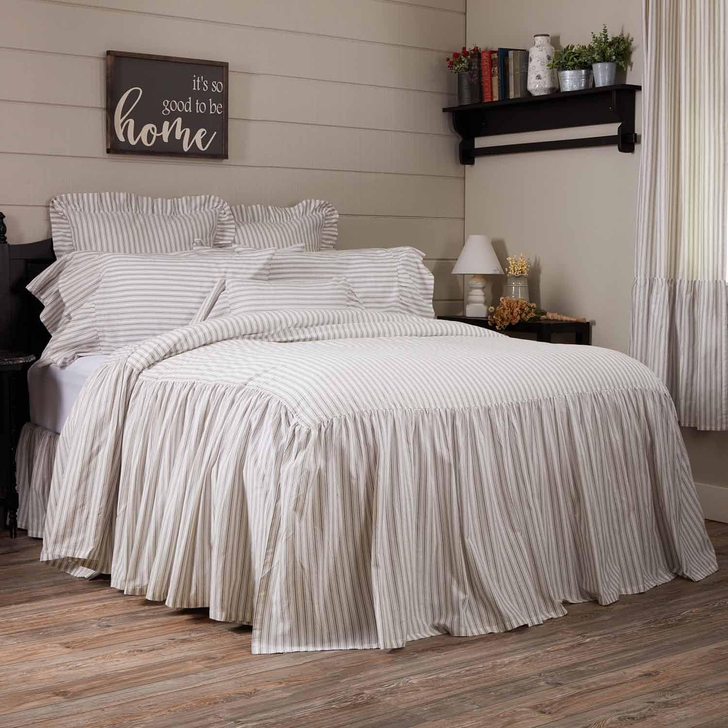Piper Classics Timeless Ticking Ruffled King Size Bedspread, High Skirt on 3 Sides, Soft White and Gray Ticking Stripes, Vintage Farmhouse Bedding …