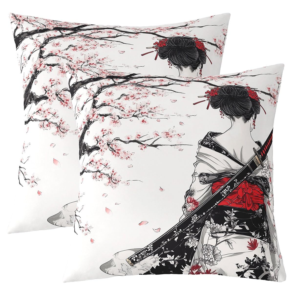 Loussiesd Japanische Kissenbezüge 40x40cm Jungen Kinder Mädchen Jugendliche Japanischer Stil Japan Geisha Kissenhülle Kirschblüten Sofakissen Couchkissen