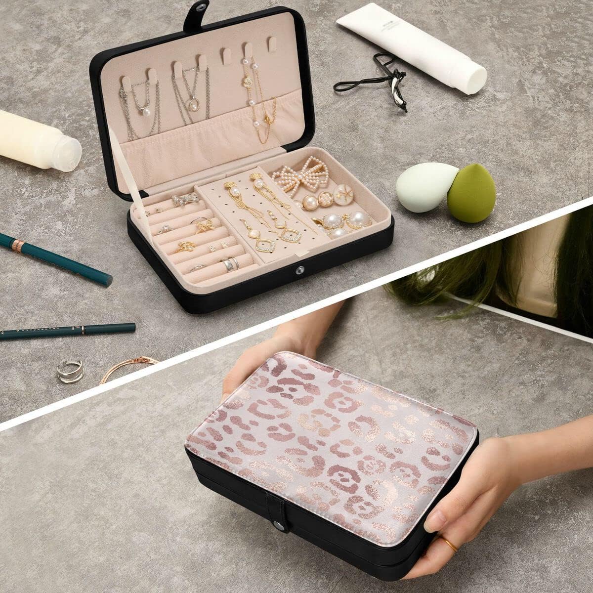 Leather Jewelry Box Jewelry Case Storage Box Leopard Print Cheetah Rose Gold For Rings Earrings Necklaces