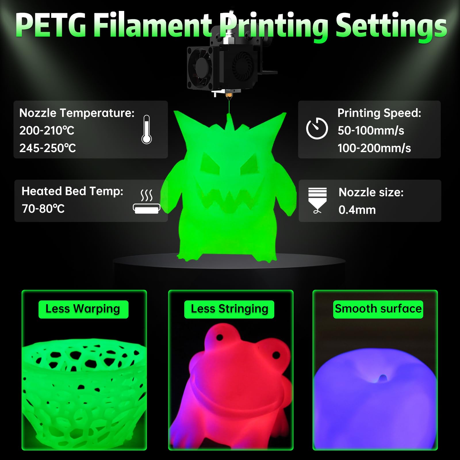 SUNLU PETG Filament PETG phosphorescent pour imprimante 3D 1,75 mm, haute luminosité et longue durée de vie, précision dimensionnelle +/- 0,02 mm, bobine de 1 kg (PETG vert, vert brillant)