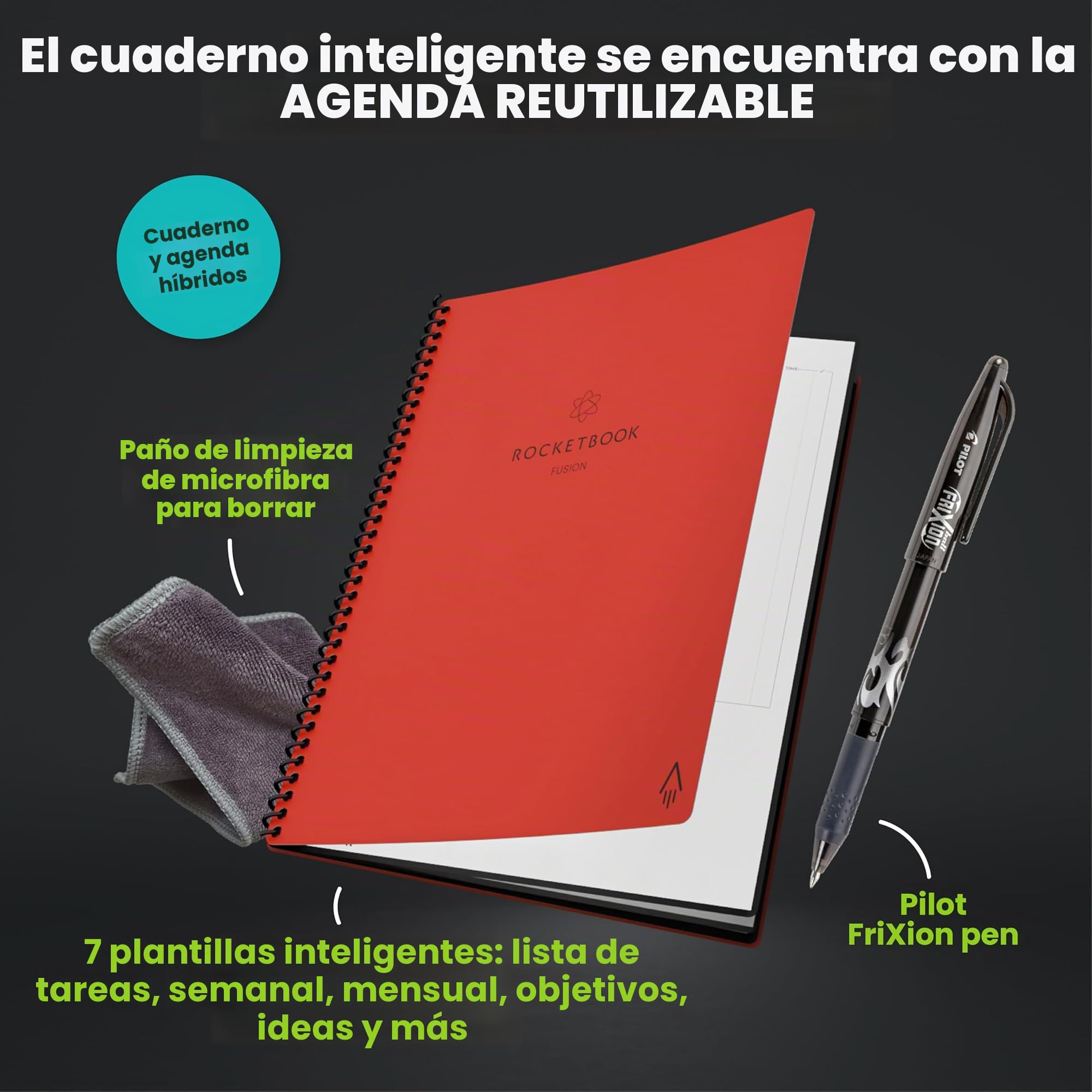Rocketbook Fusion Cuaderno Inteligente - Reutilizable Digital Libreta A5 Gris Bloc, Notas To Do List Planificador Semanal & Mensual, 7 Estilos