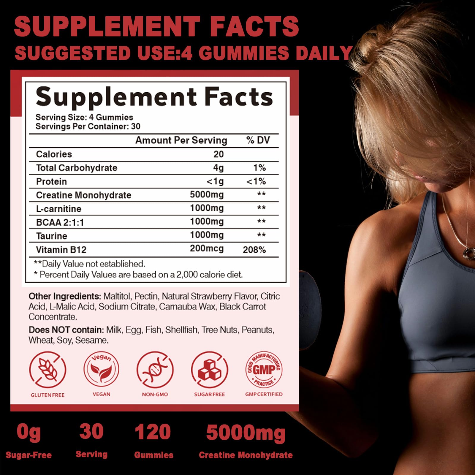 Creatine Monohydrate Gummies 5000mg Sugar Free 120 Strawberry — Amazon image 7