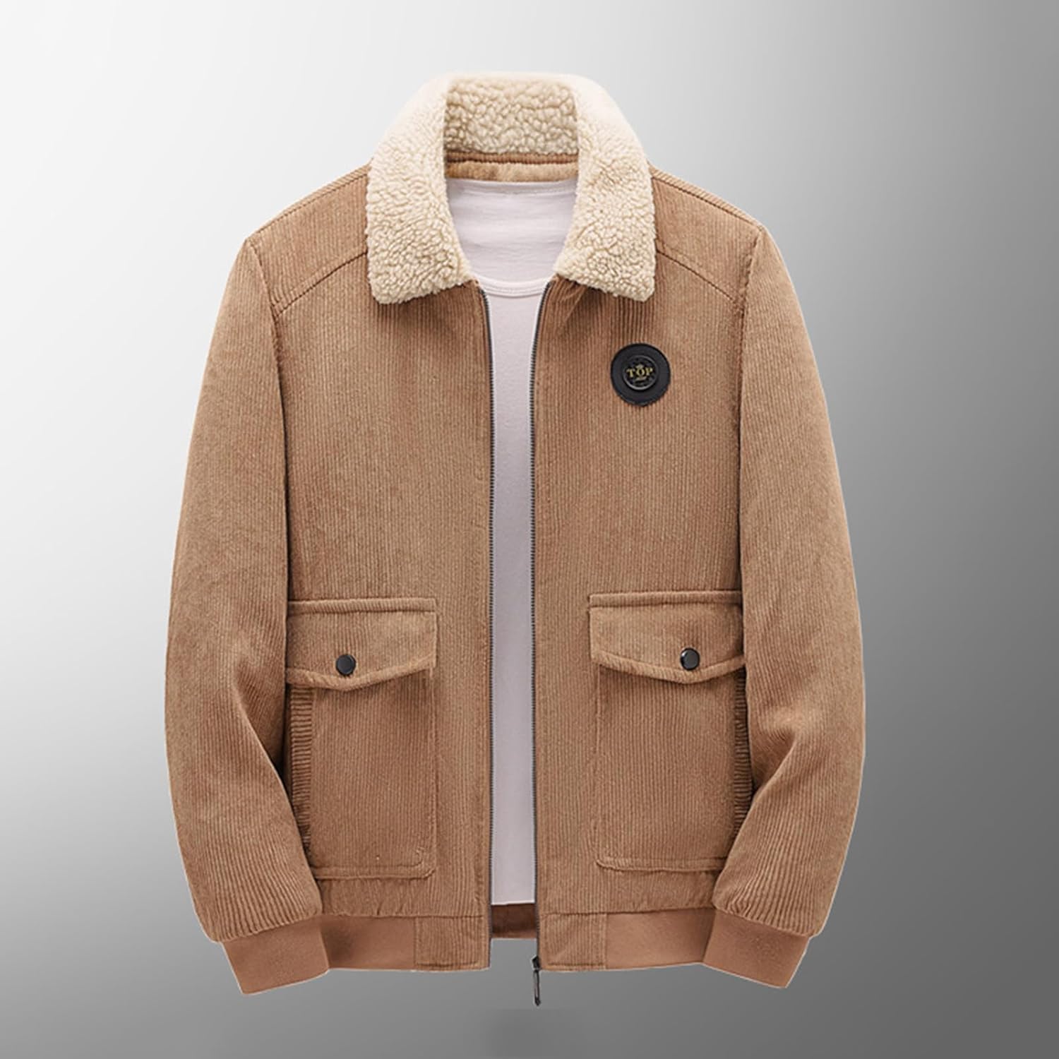 Thatrich Mens Fleece Sherpa Jacket Lightweight Corduroy Shirt Zip Up lapel Sweater Coat Thick Warm Jacket Long Sleeve Shacket
