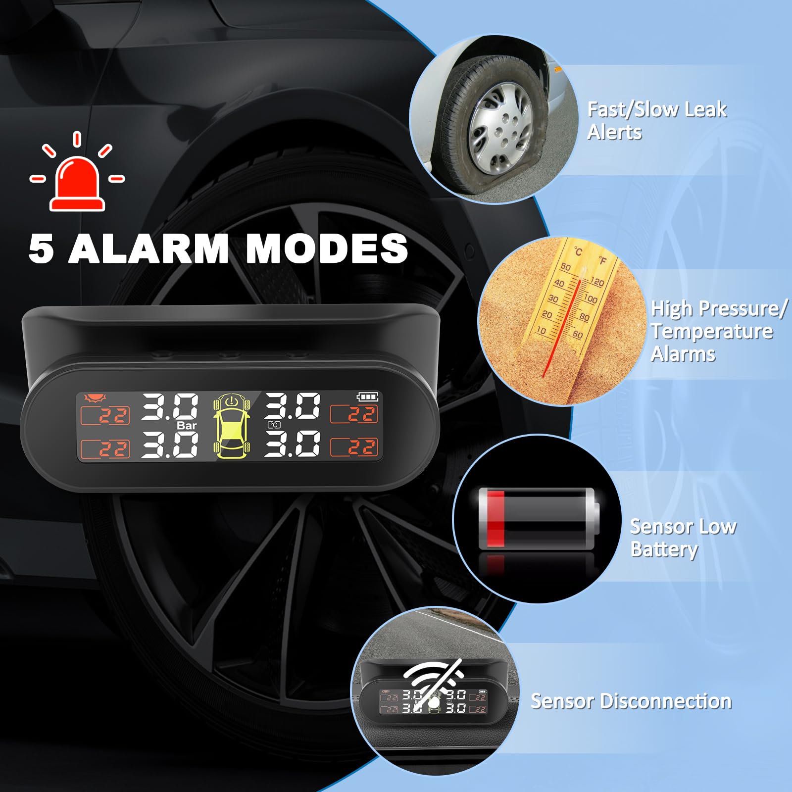 TPMS Sistema di Monitoraggio,della Pressione degli Pneumatici, Ricarica Solare/USB, 4 modalità Allarme, con 4 Sensori Esterni, per Berlina, SUV, Monovolume, Rimorchio, ECC