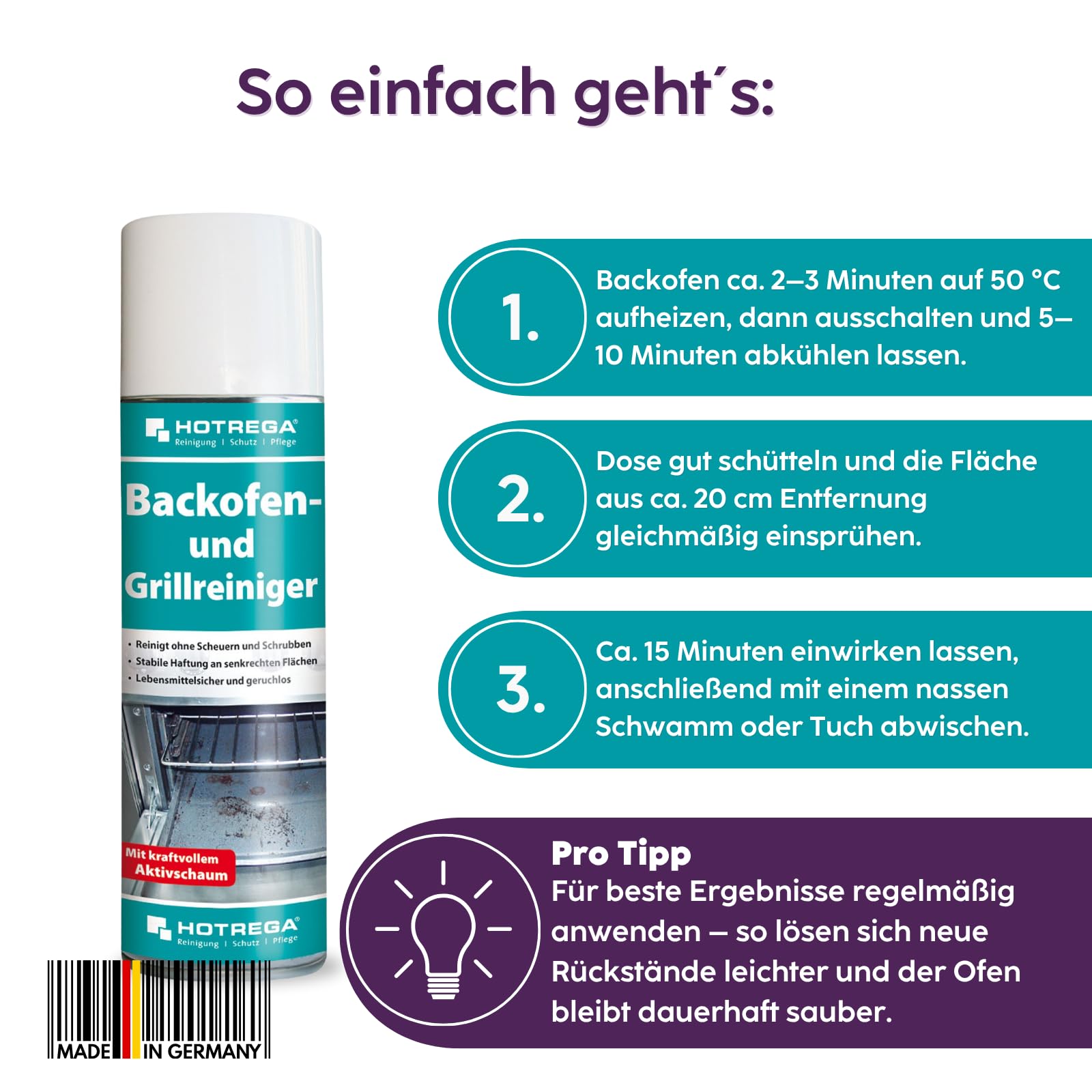 HOTREGA Backofen- und Grillreiniger 3x 300ml | Gebrauchsfertig | Entfernt eingebrannte Rückstände von Fett, Öl, Zucker | Für Edelstahl, Glas & Keramik