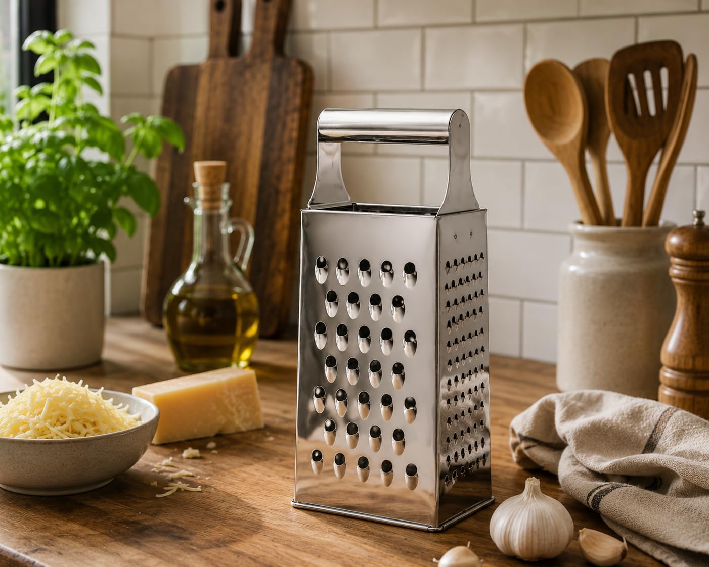 Suwors Paslanmaz Çelik Rende - 4 Yüzlü, Metal Saplı Profesyonel Peynir ve Sebze Rendesi - Çok Amaçlı Dayanıklı Mutfak Gereci (9 İnç)