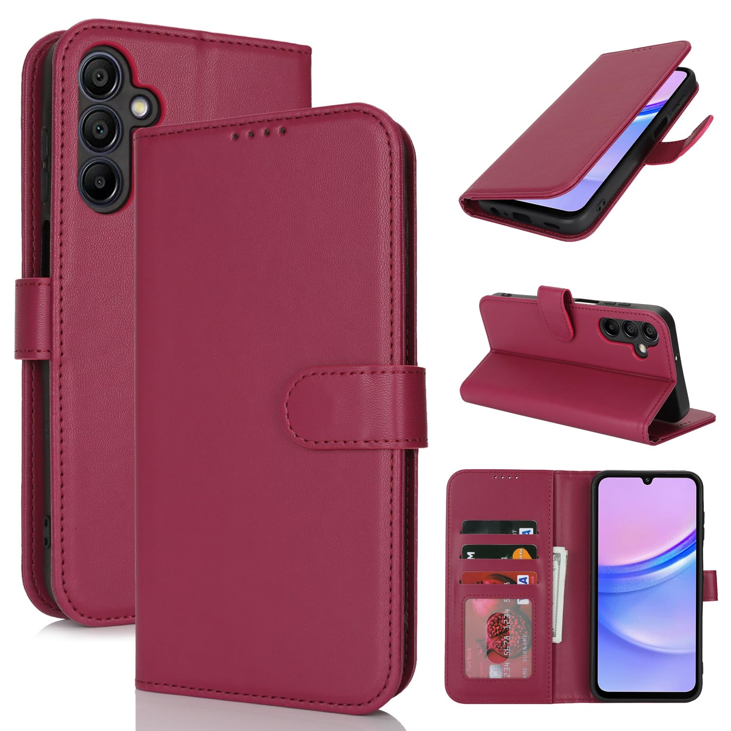 SunYoo for Samsung Galaxy A15 5G Case Wallet with Card Holder for Men Women,PU Leather Magnetic Buckle Stand Flip Phone Cover-Red