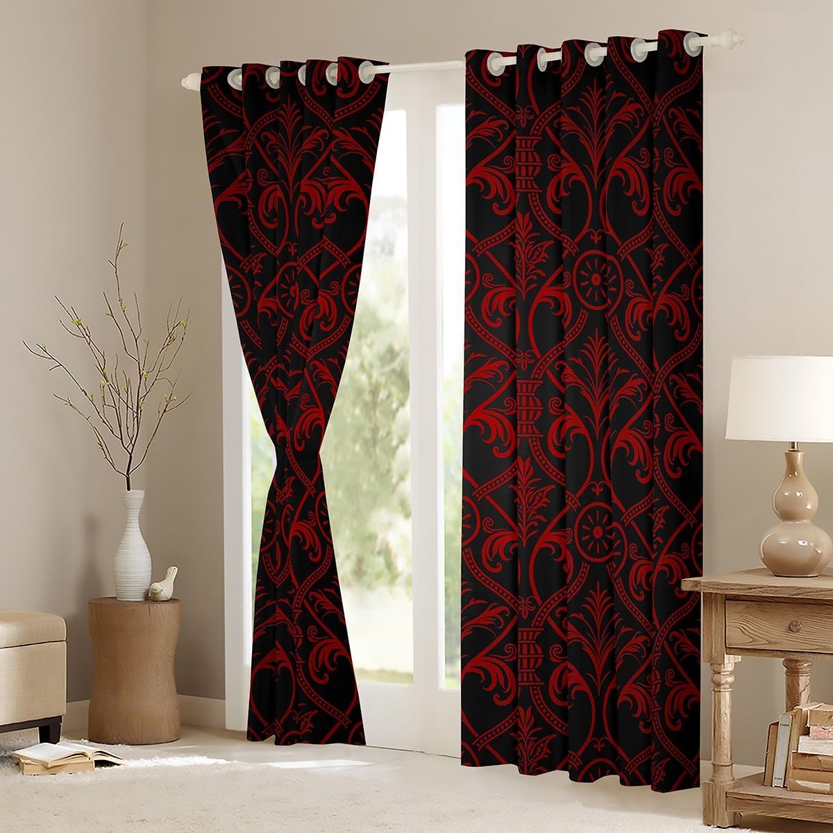 Red Black Ombre Gothic Blackout Curtains 52" Wx96 L for Living Room,Vintage Goth Floral Damask Curtains & Drapes Antique Victorian Baroque Window Curtains Bohemian Exotic Window Treatments 2 Panels
