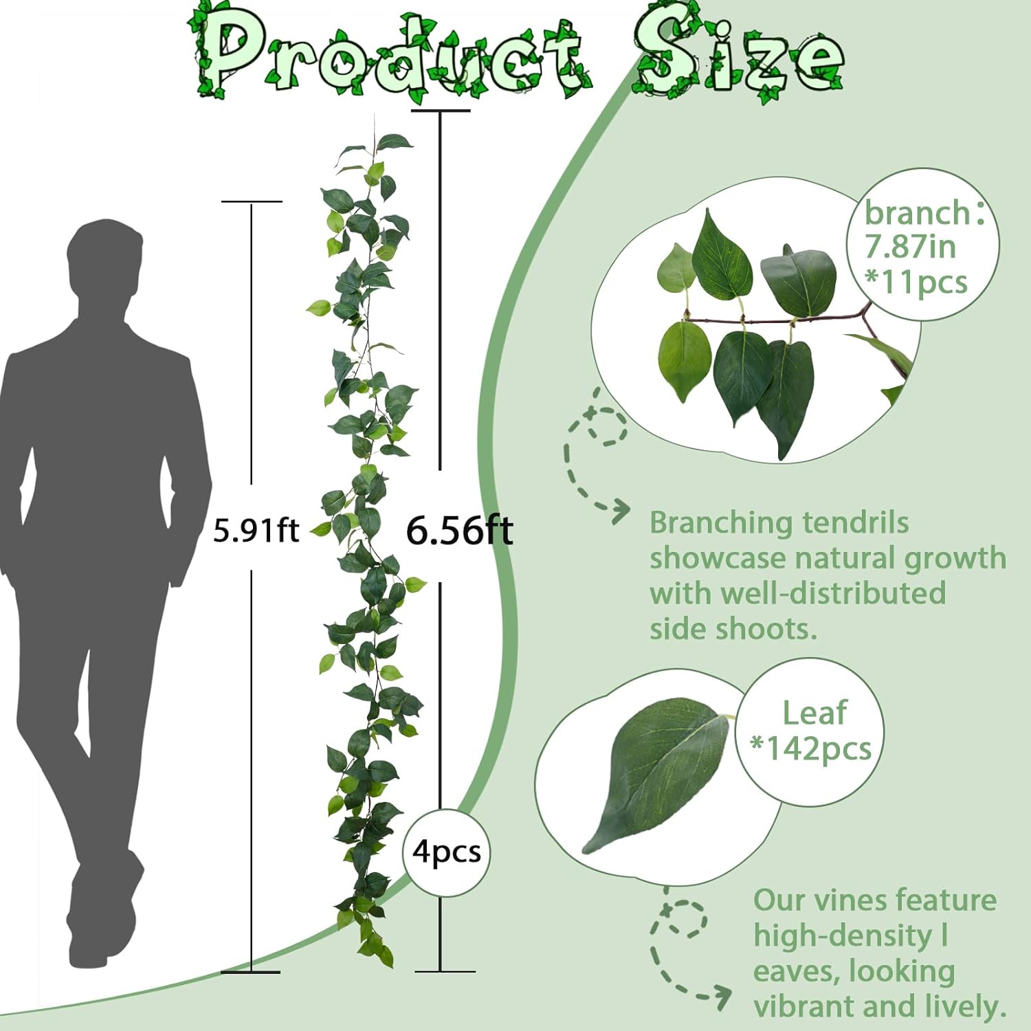 ucky 4Pack Total 24FT Green Fake Vines Ivy Leaves Vines for Bedroom Greenery Garland Fake Leaves Leaf Wall Decor Faux Hanging Vines Plants Outdoor Garland