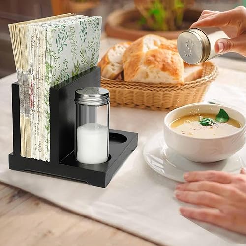 Miniatura 3 de AKKO Servilletero rústico con salero y pimentero, servilletero de madera para mesa con 2 botellas de especias, perfecto para mesa de comedor,