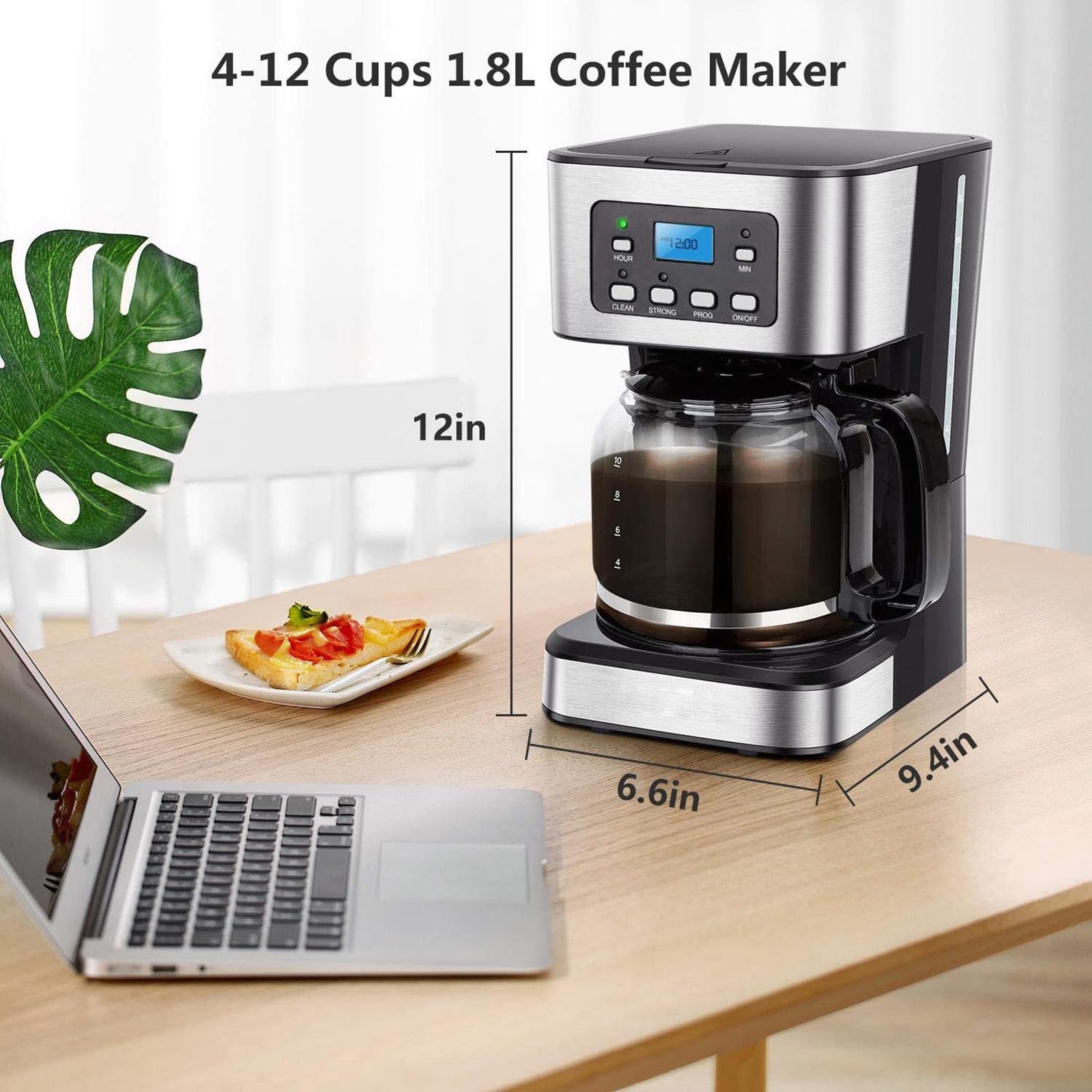 Cafetière Programmable de 12 Tasses pour La Maison et Le Bureau, Cafetière Goutte à Goutte avec Maintien Au Chaud, Carafe en Verre, Filtre Réutilisable, Système Anti-Goutte, Arrêt Automatique