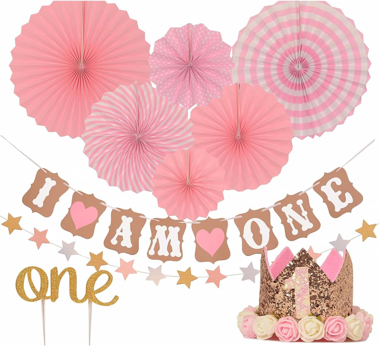 FIRST BIRTHDAY DECORATION SET FOR GIRL - 1st Baby Girl Birthday Party Hat Gold Crown, Circle Dots Paper Garland, Cake Topper -One,I Am One Banner, Fiesta Pink Hanging Paper Fan Flower
