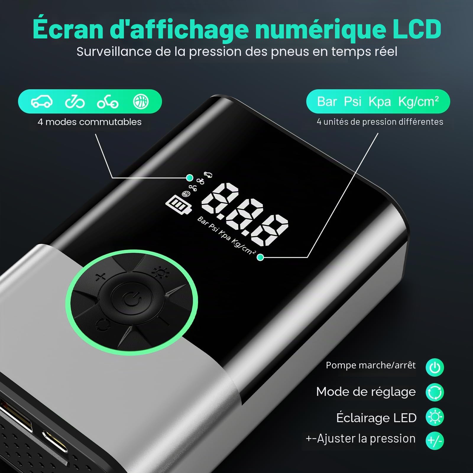 6000mAh Mini Pompe à Air Électrique，Compresseur à Air Portatif Gonfleur Pneus sans Fil 150PSI avec écran LCD Numérique，Pompe à air Rechargeable pour Voiture, Vélo, Moto, Scoote, Balle (Noir)