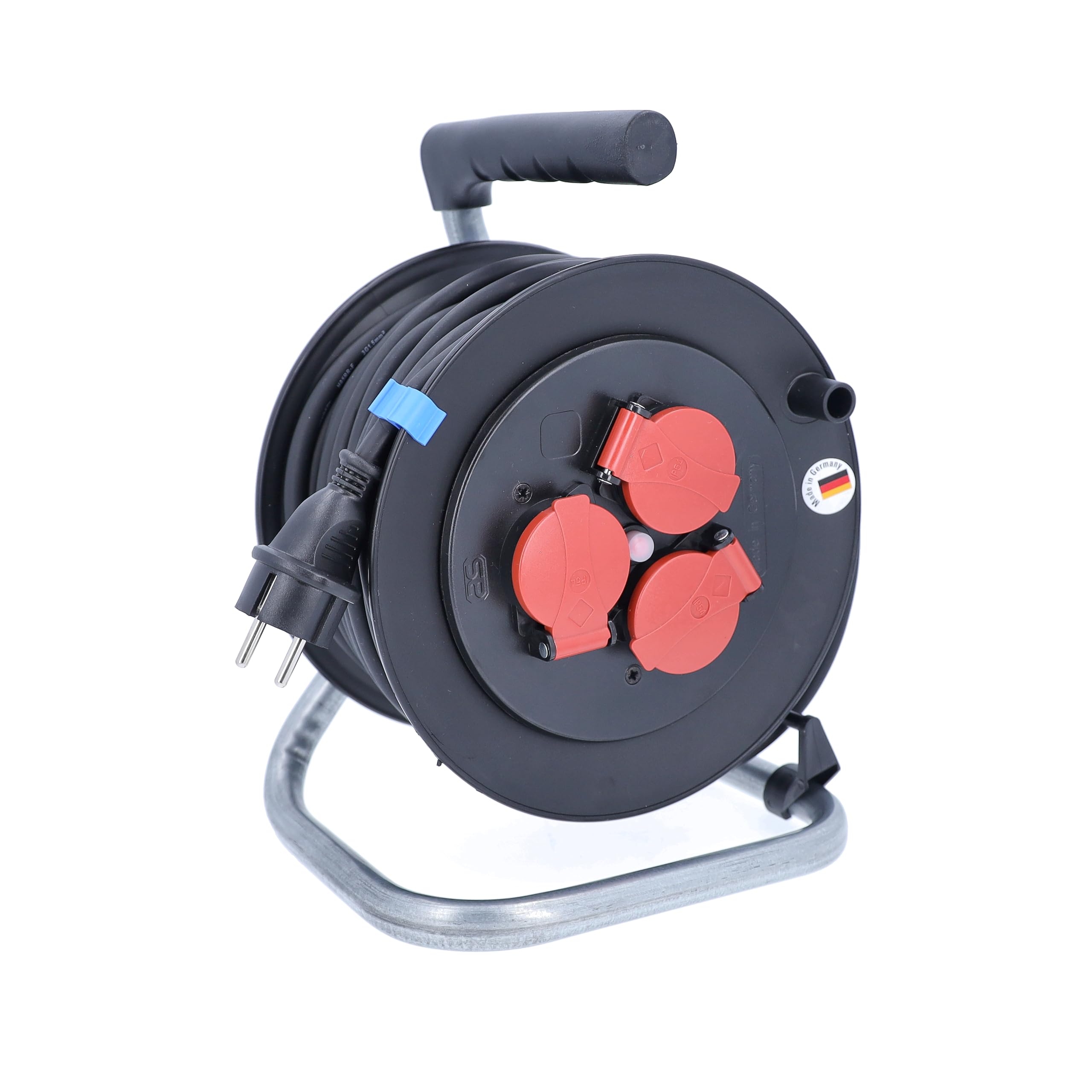 as - Schwabe enrollacables 50 m H05RR-F 3G1,5, IP44 exterior, 3 tomas de corriente con toma de tierra, freno de bloqueo, guía de cable, Made in Germany