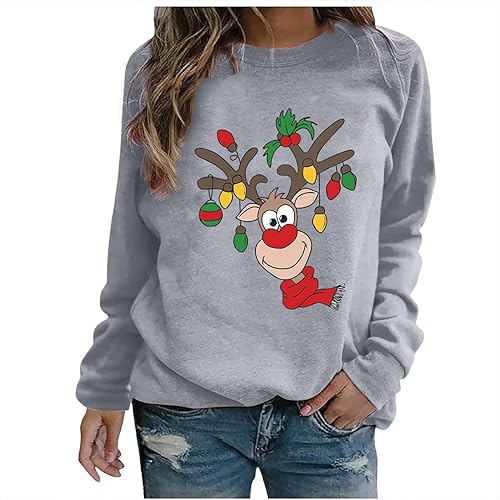 Sudaderas feas de Navidad para mujer, lindo estampado de reno, cuello redondo, manga larga, forro polar, regalo de Navidad