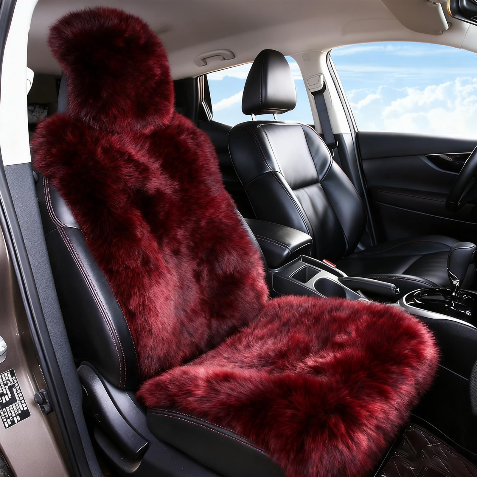 OGLAND Sheepskin Fur Car Seat Covers, Universal Size Australian Long Wool Car Seat Cushion for Adult Man Women, 1 Piece Seat (Burgundy/Dark Red)
