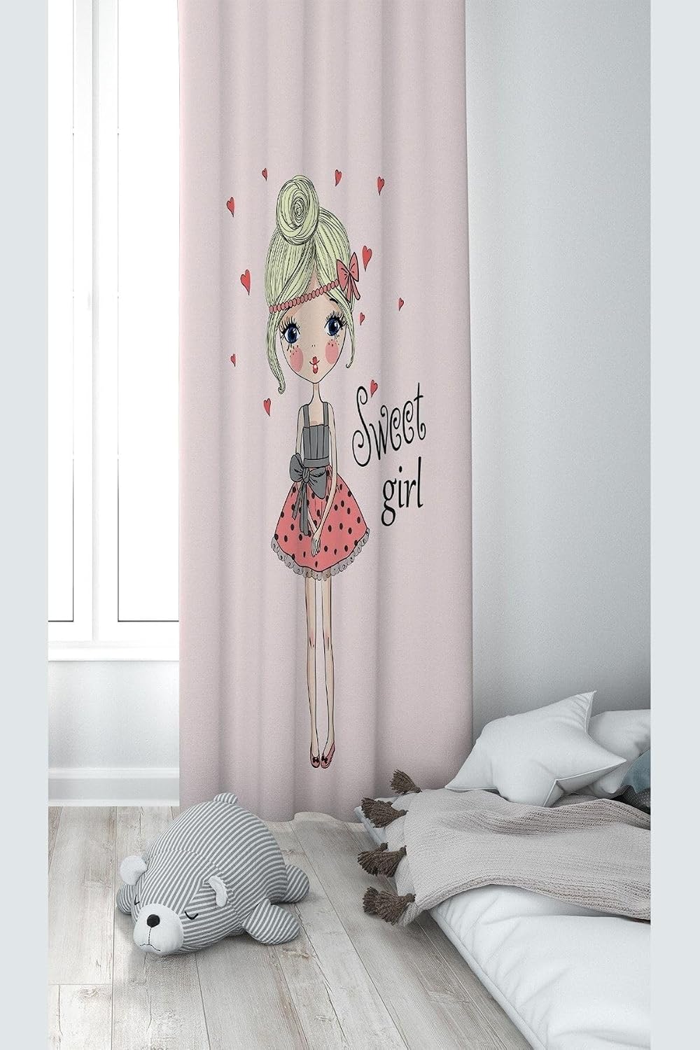 Pelangi Sweet Girl Desenli Dijital Baskı Yıkanabilir Bebek Çocuk Odası Fon Perdesi, pudra 140 x 240