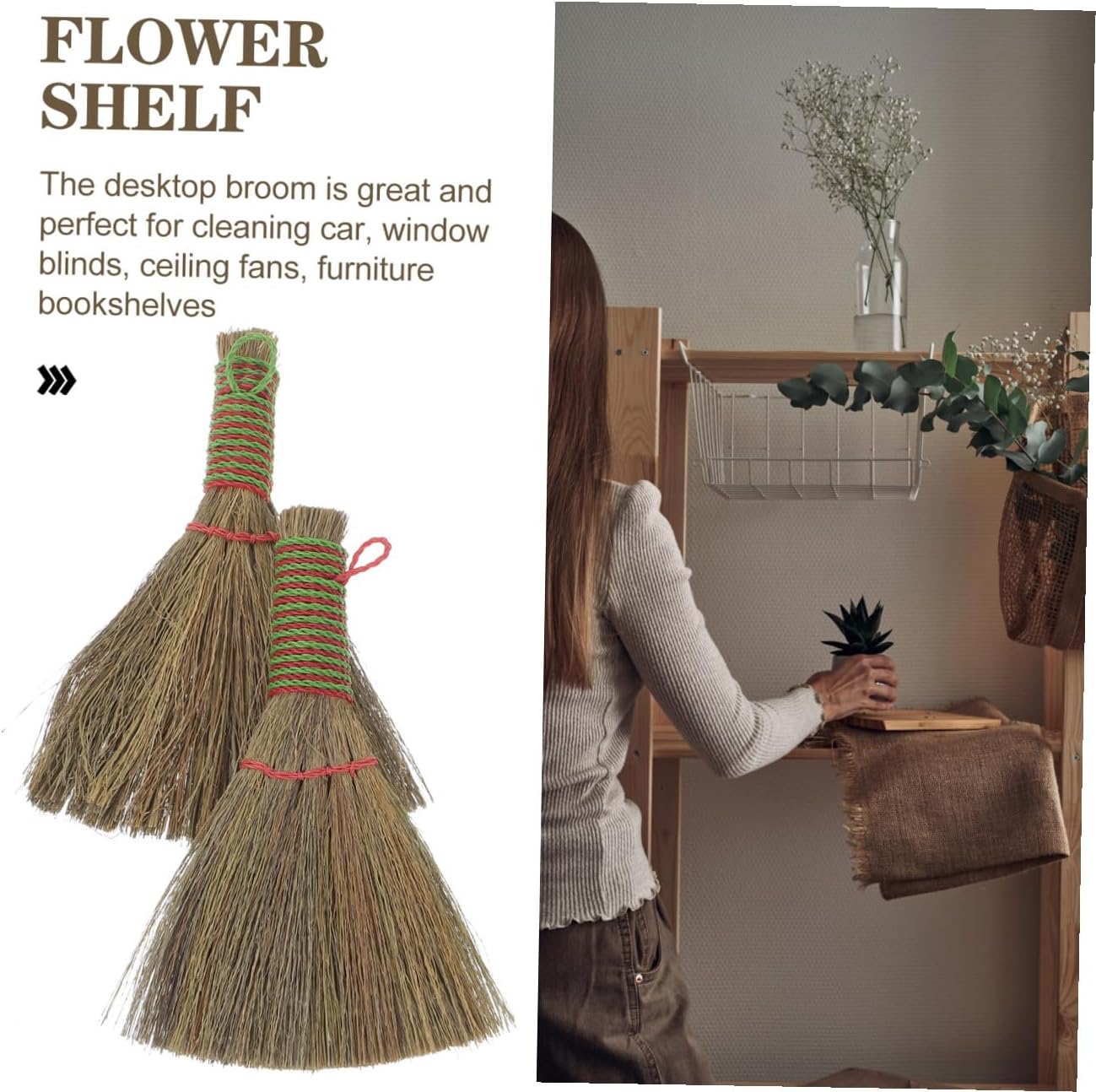 Luxshiny Handmade Small Hand Broom 2pcs Set, Natural Dust Brush Sweeper for Household Cleaning, Lightweight Manual Counter and Desktop Sweeping Accessory