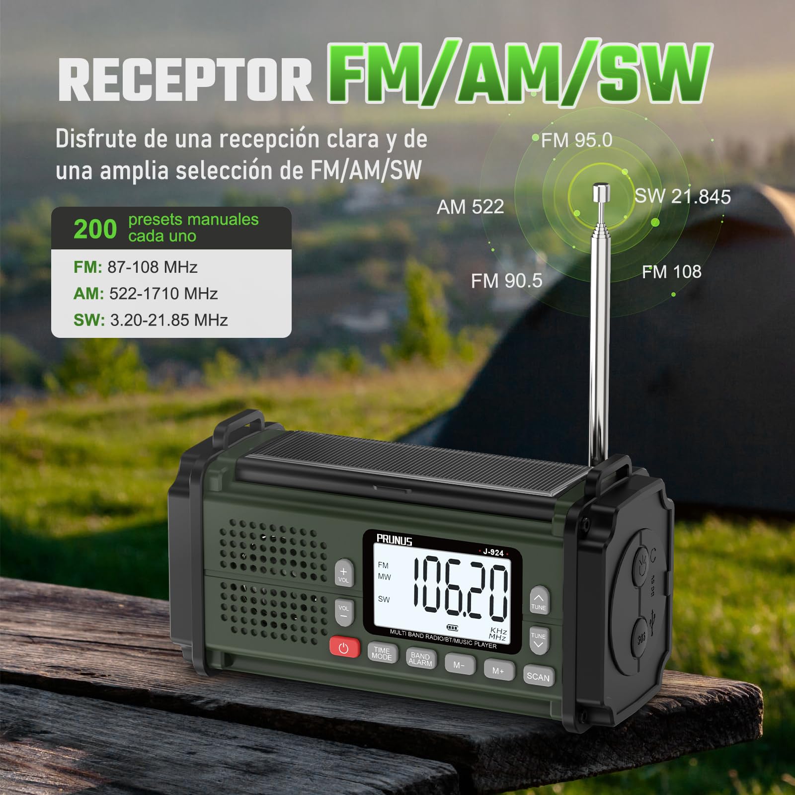 PRUNUS J-924 Am/FM/SW Radio Solar y a Pilas, Radios Digital con Función de Preselección, Radio Portatil Pequeña Recargable de 10000 mAh, Radios Emergencia con Manivela, Linterna, SOS.