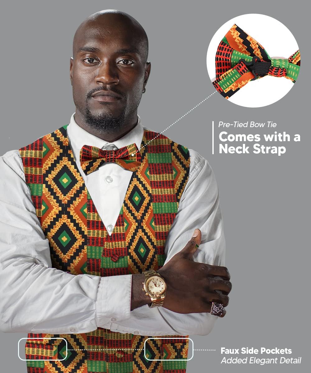 Premium Men’s Vest & Bow Tie 2PC Set - African Kente & Animal Print Vest Set