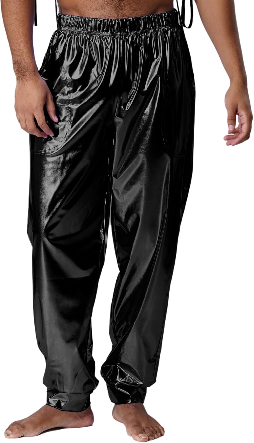 FEESHOW Mens Shiny Metallic Sport Pants High Waist Loose Cut with Metallic Sheen for Modern Dance