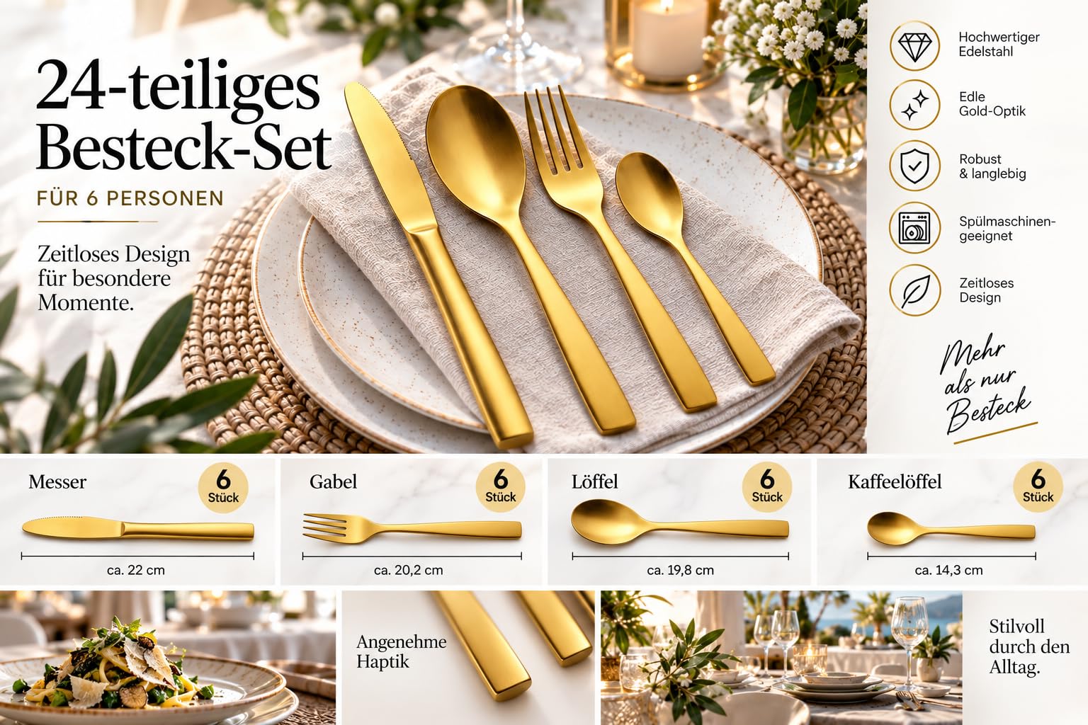 Topkapi Gourmet – 24-teiliges GOLD Besteck-Set Aurelia für 6 Personen