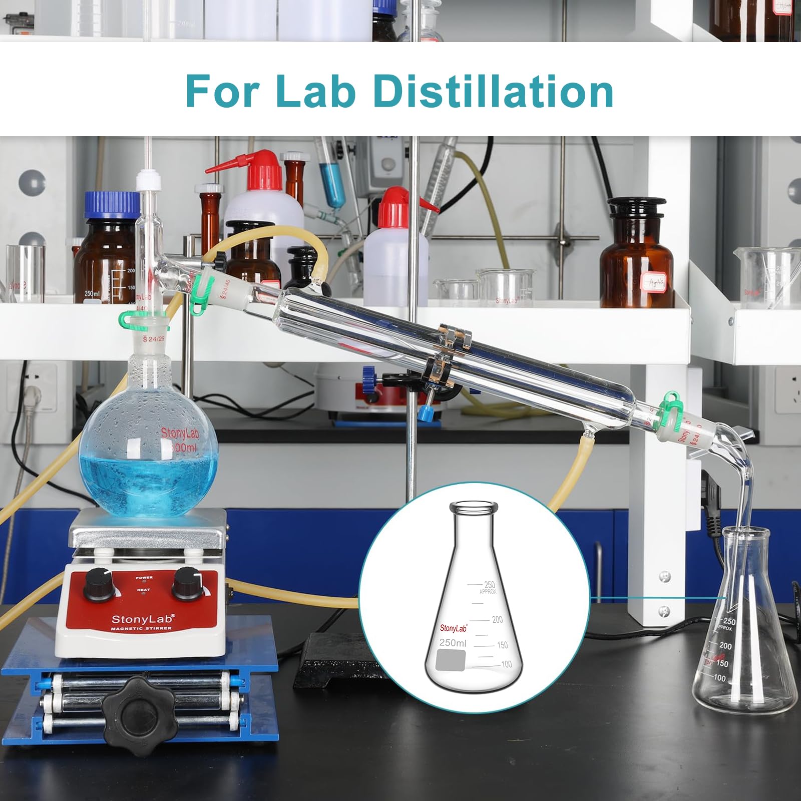 stonylab 1-Paquete 250ml Matraz Erlenmeyer de Boca Estrecha, Erlenmeyer Flasks de Cristal de Pared Gruesa con Borde de Alta Resistencia - (250ml Ajusta con el Tapón de Goma StonyLab 7#)