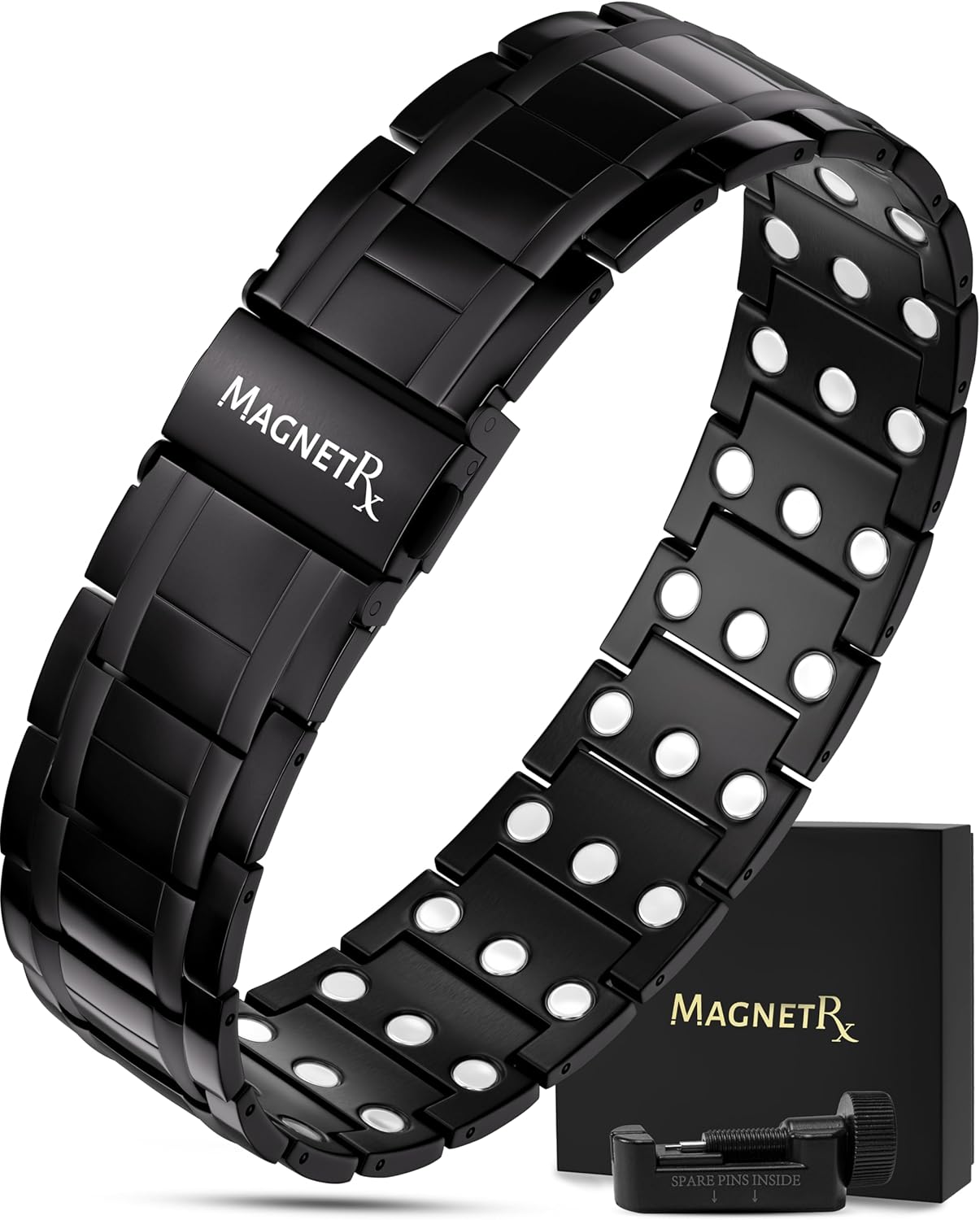 MagnetRX® 3X Strength Magnetic Bracelets for Men – Effective Titanium Mens Magnetic Bracelet – Premium Fold–over Clasp & Adjustable Length with Sizing Tool & Gift Box (Black)