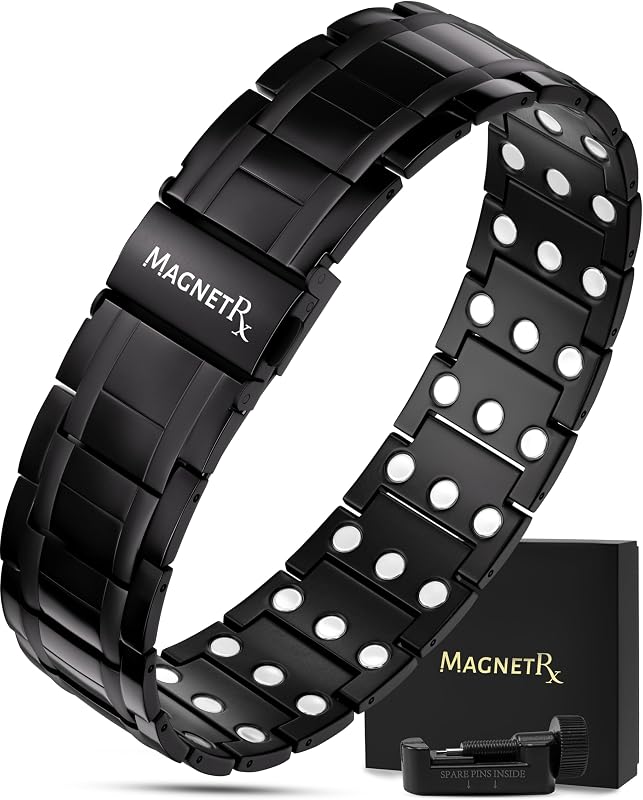 Pulseras magnéticas MagnetRX® de 3X resistencia para hombres – Pulsera magnética de titanio eficaz para hombres – Cierre plegable premium y longitud ajustable con herramienta de medición y caja de regalo (negro)