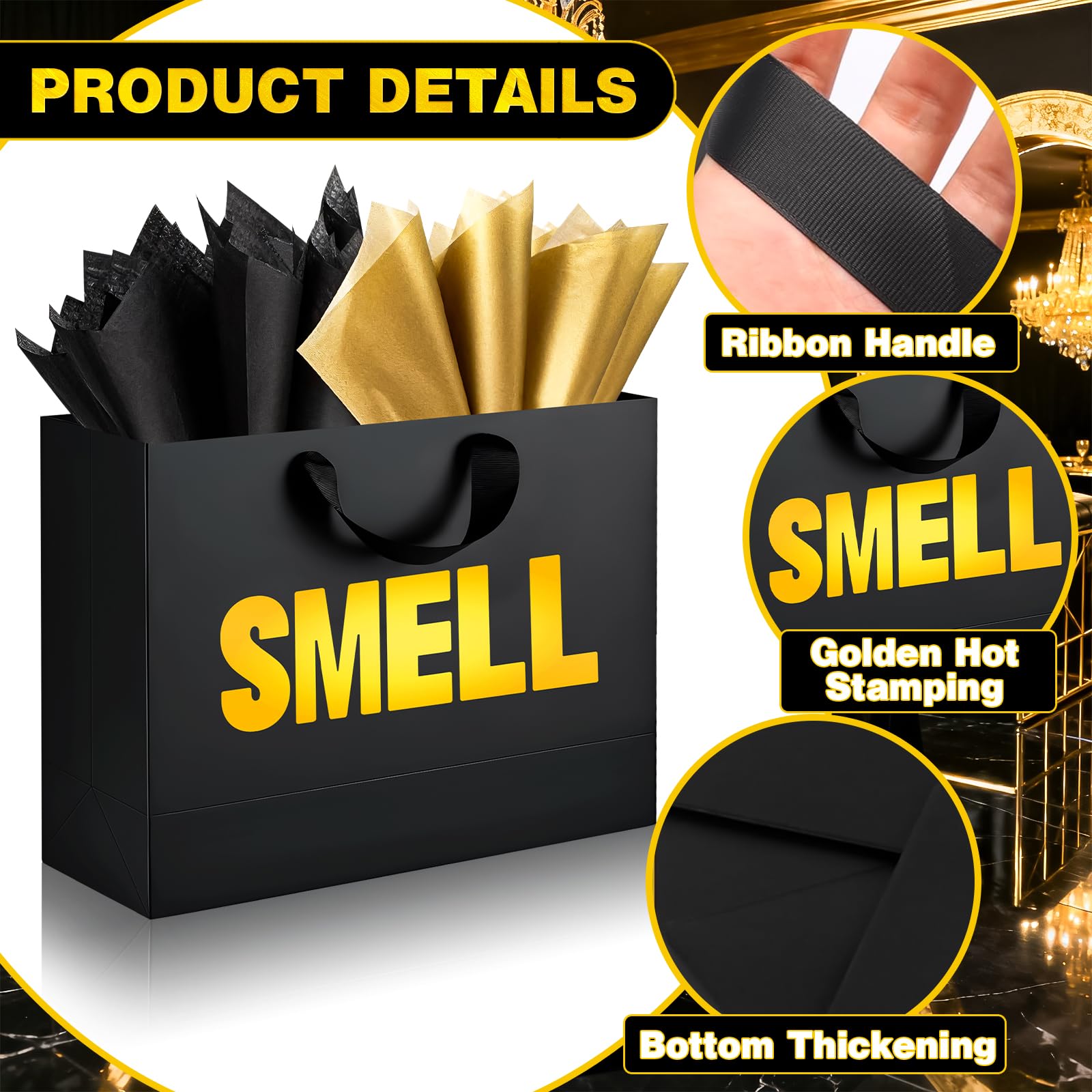 5 Senses Gift Bags for Him with Labels Tissue Paper, Five Senses Party Decoration Rose Petals Black Gold Balloons Greeting Card and Sign Holder Stand for Husband Boyfriend Birthday Party Decor