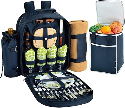 Picnic at Ascot Original Equipped Backpack for 4 with Blanket - Extra Bonus Cooler - Designed & Assembled in California - Trellis Green
