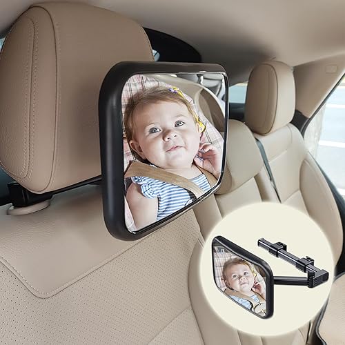 Espejo para asiento de automóvil de bebé orientado hacia atrás. El espejo de asiento trasero convexo ancho es inastillable y ajustable. El espejo