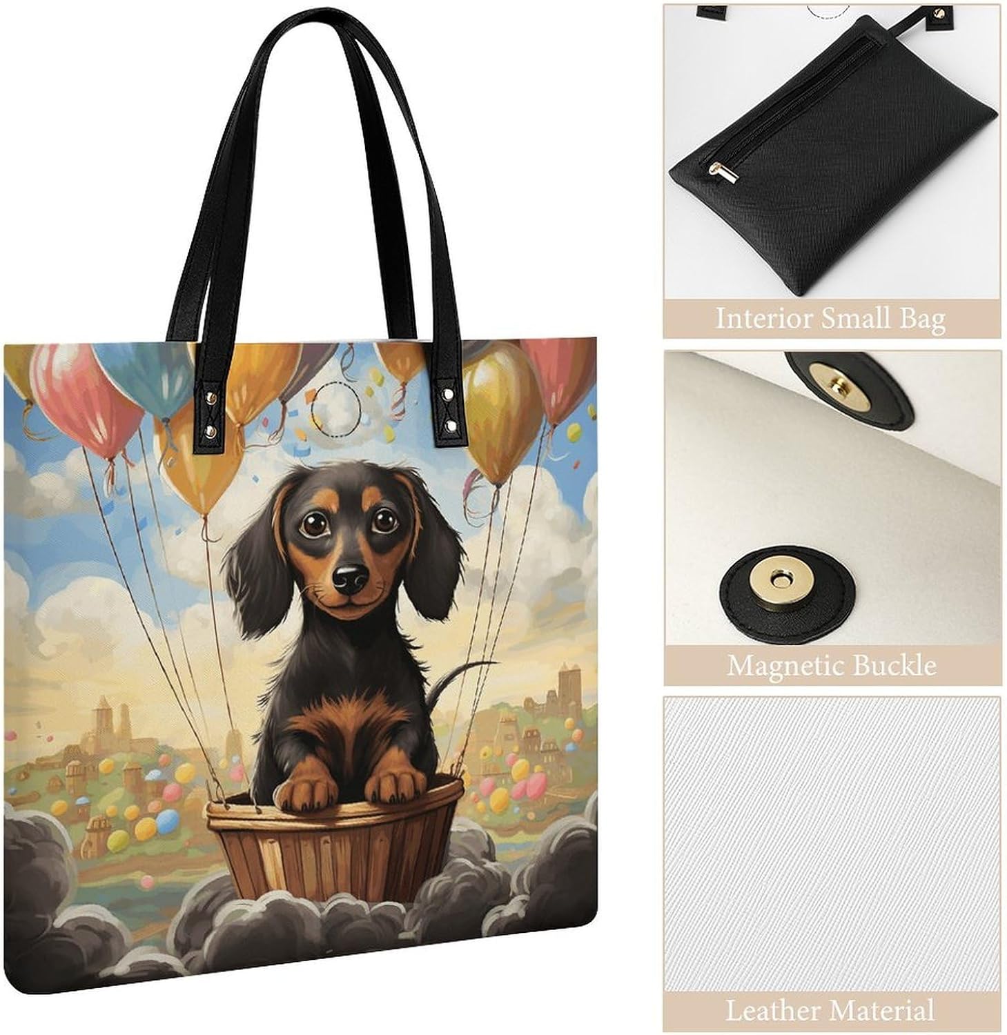 Dachshund Hot Air Balloon Handbags Large Capacity, Tote Bag Stylish Slouchy, Shoulder Bags for Work Beach Travel And Shopping Grocery.