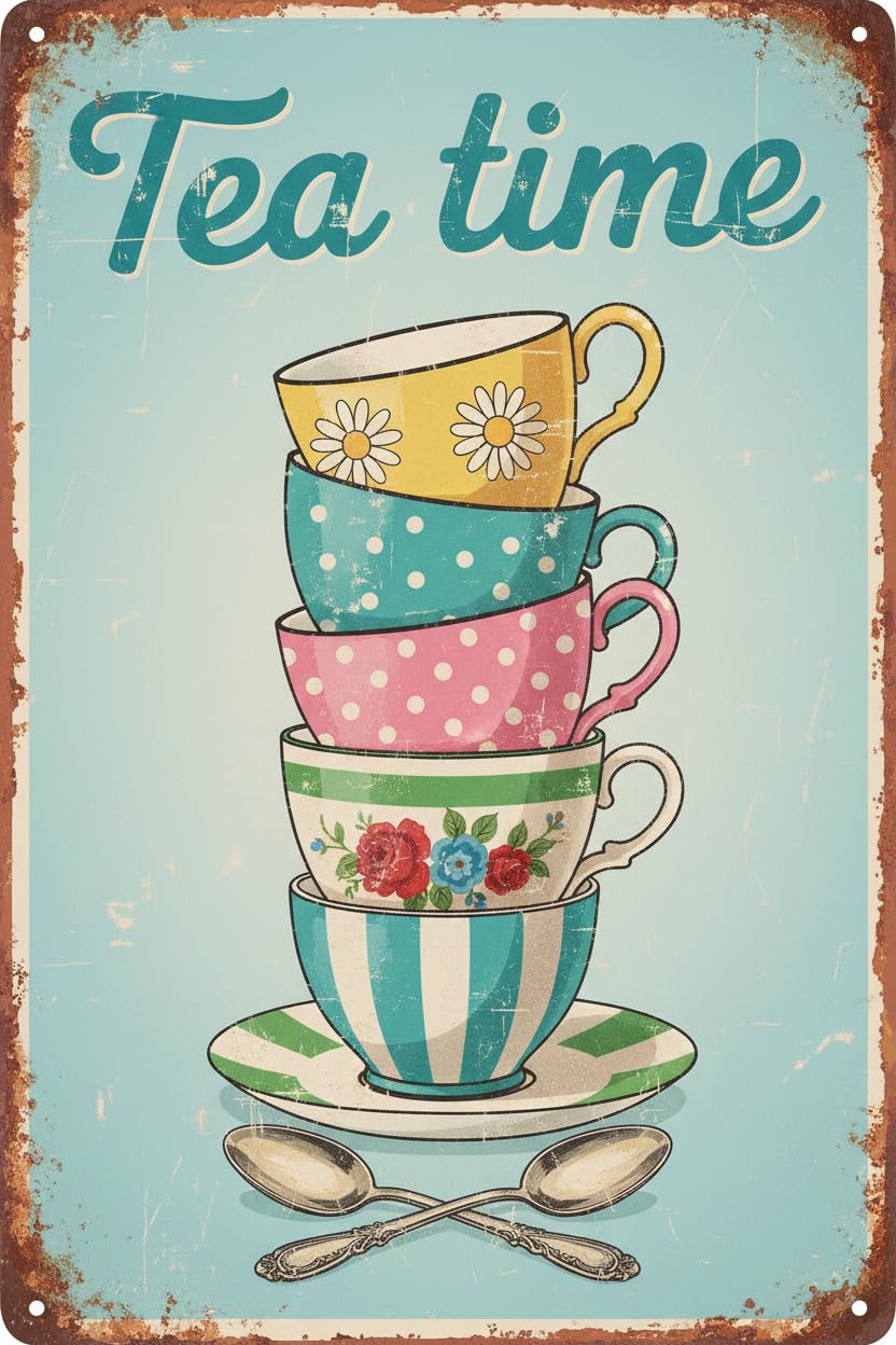 Teacup Tea Time Coffee Shop Tin Sign, 8x12 Inch Decor