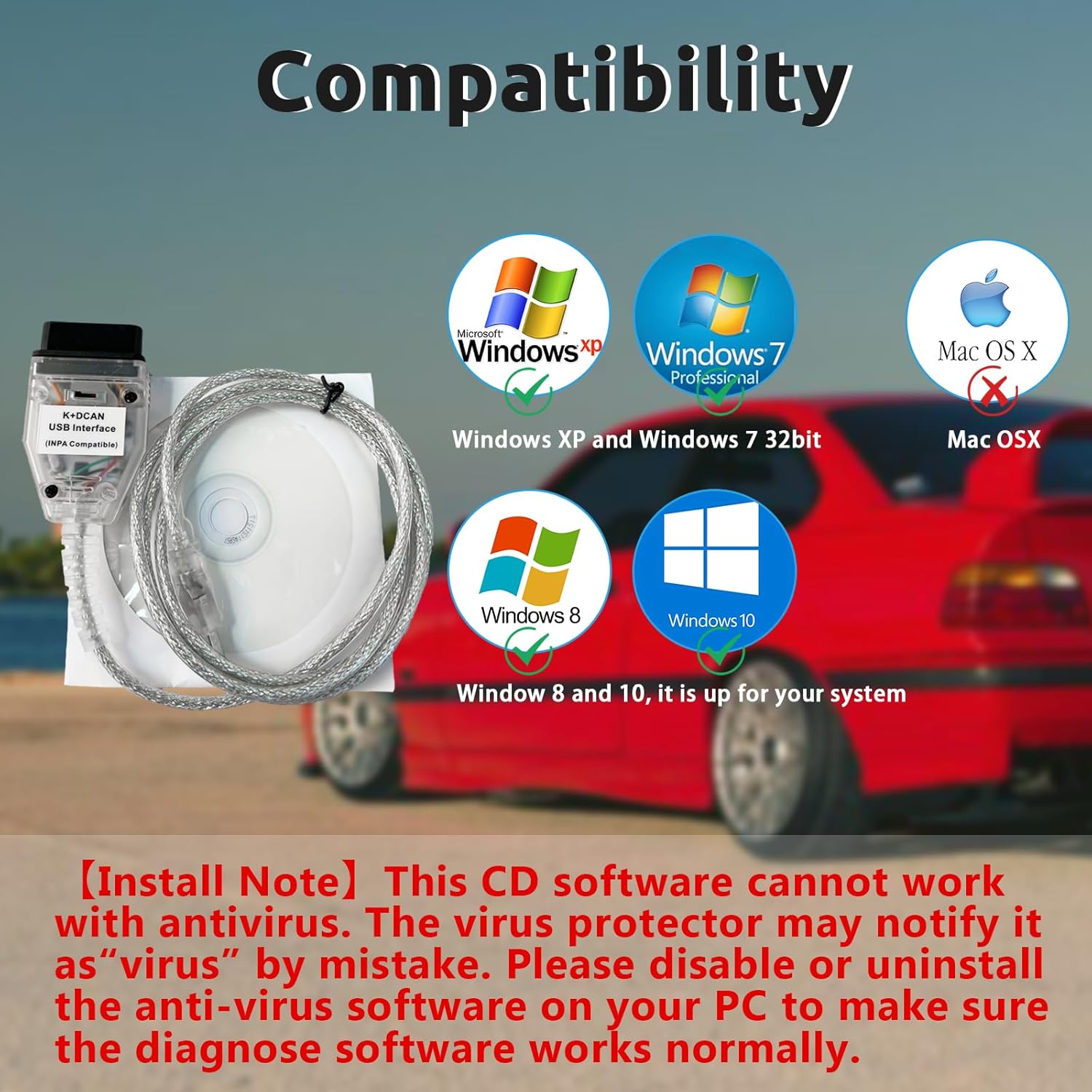 K DCAN Cable for BMW OBD2 Scanner Diagnostic Tool,K+CAN Cable with Switch Original FT232RL Chip, USB to OBD2 Connector,obdii for BMW E Series 1998-2019 Models, Work with Windows XP/7 32bit System