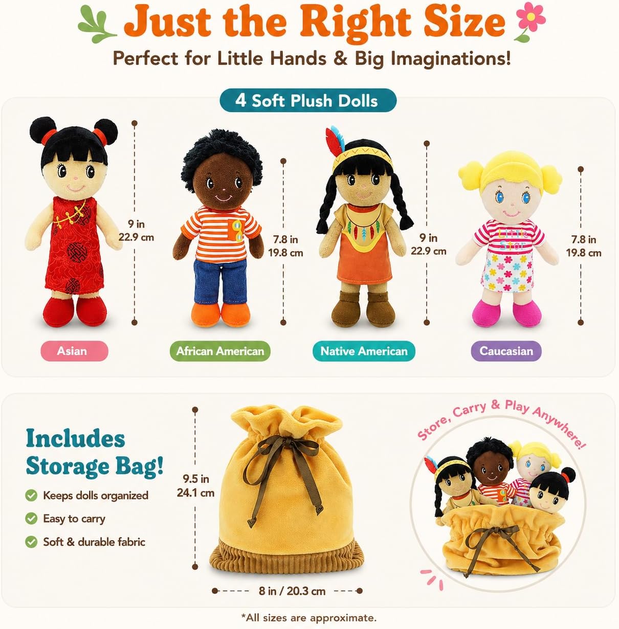 June Garden Soft Baby Doll Set - Multicultural Diversity 8.5" Plush Baby Dolls with Storage Bag - Gift for Infants and Toddlers