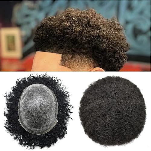 Afro Toupee - Extensiones de pelo brasileño de poliuretano sintético rizado para hombres afroamericanos (onda de 0.394in, #1B negro apagado)
