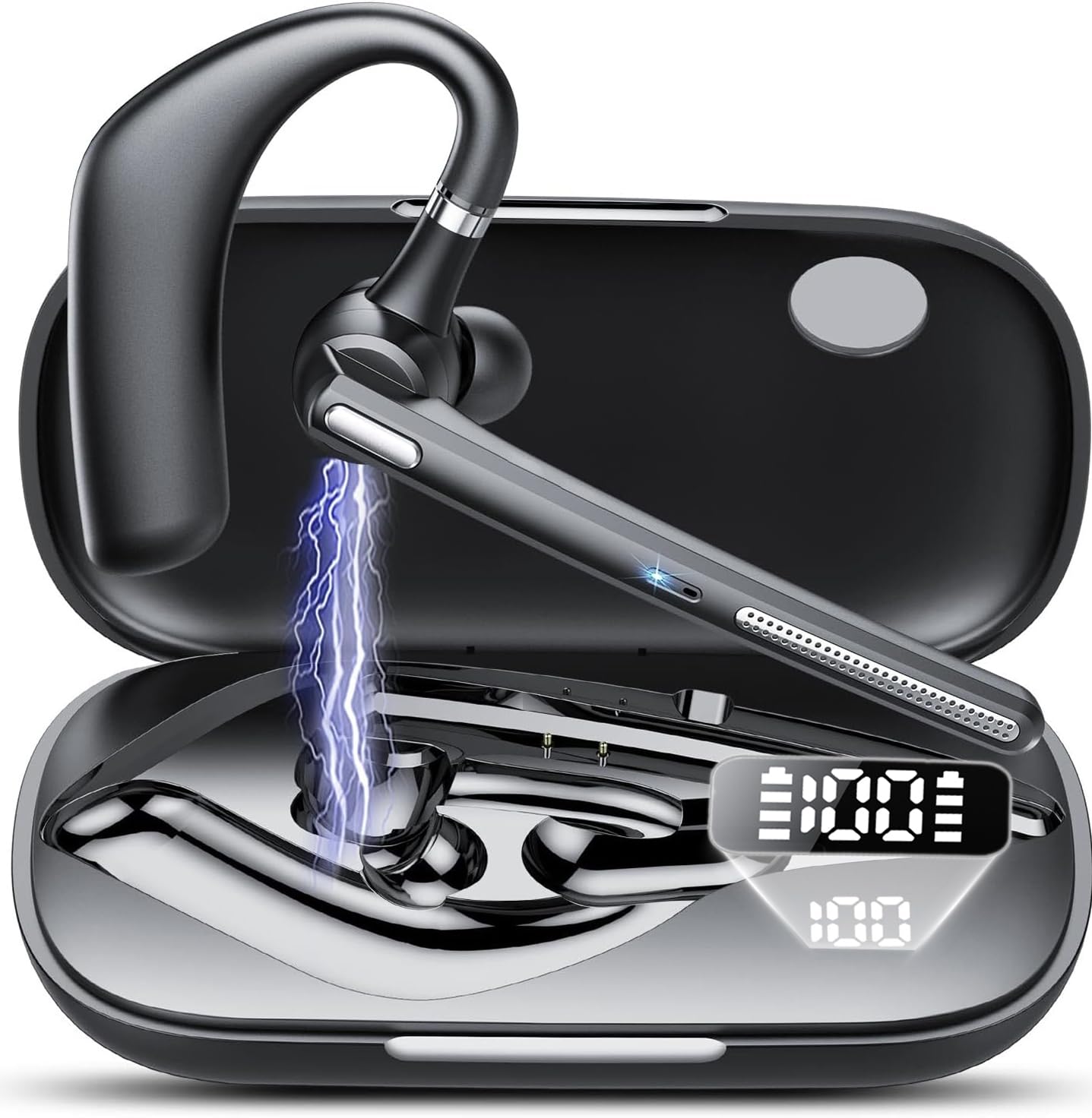 Auricolare Bluetooth V5.3, 60 Ore di Conversazione Cuffie Bluetooth Singolo con CVC8.0 ENC Doppio Microfono, Connessione a due Dispositivi, Display a LED, IPX7 impermeabile, Cuffie per la Guida/Affari