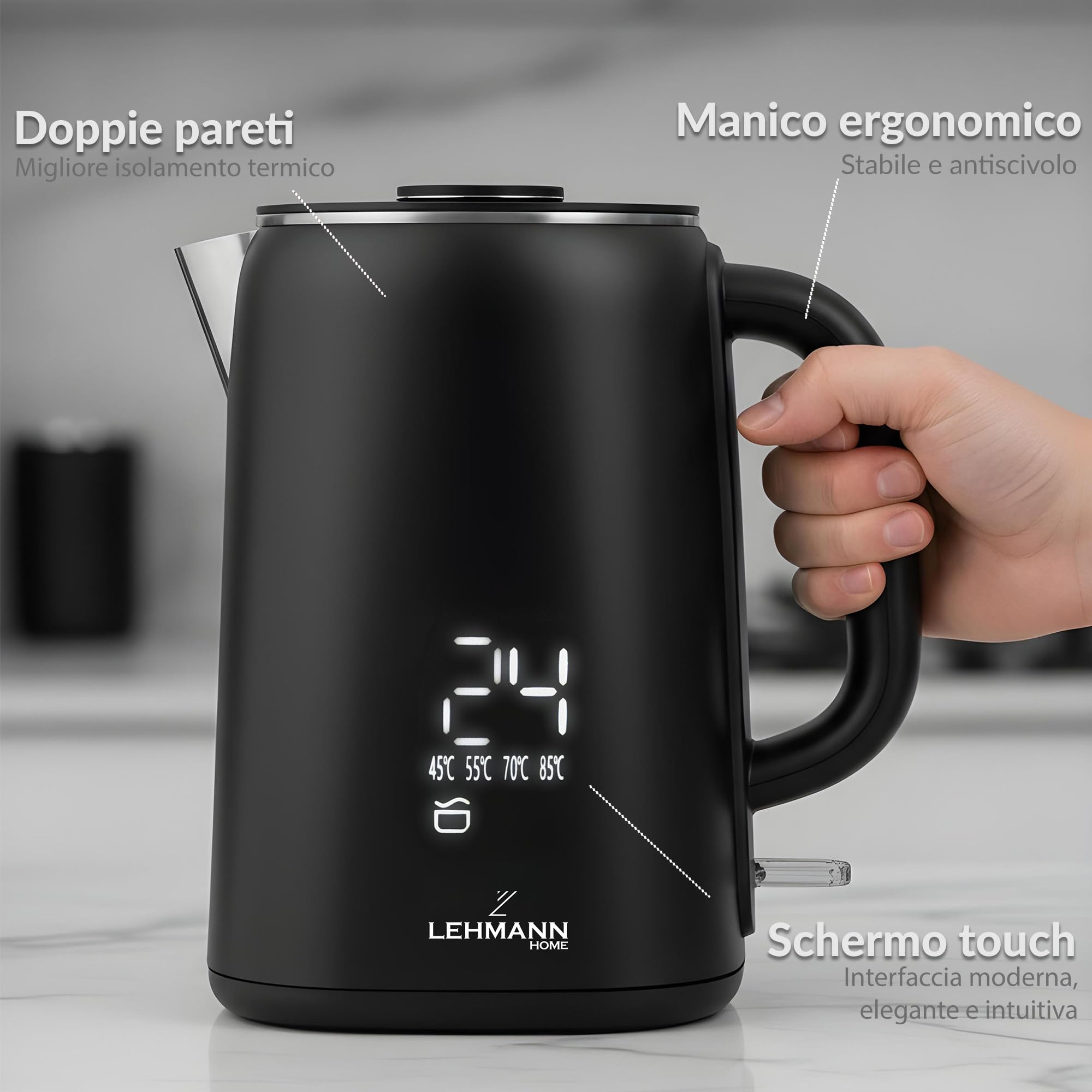 LEHMANN Bollitore Elettrico con Temperatura Regolabile 45-100°C, Capacità 1,7 L, Interno in Acciaio Inox senza BPA, Base Girevole 360°, Doppia Parete, Display Touch, per Famiglia e Ufficio, Nero