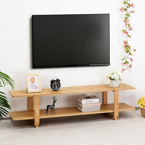 Miniatura 13 de HollyHOME Soporte de TV de bambú con almacenamiento para televisores de hasta 65 pulgadas, moderno centro de entretenimiento con 2 estantes