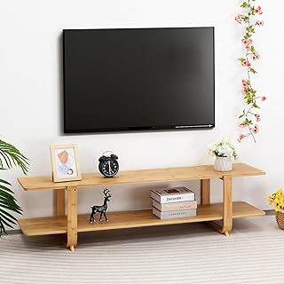 HollyHOME Bamboo TV Stand with Storage for TVs up to 65'', Modern Entertainment Center with 2 Open Shelf, Accent TV Media Console Table for Living Room, Bedroom, 55"(L), Burlywood