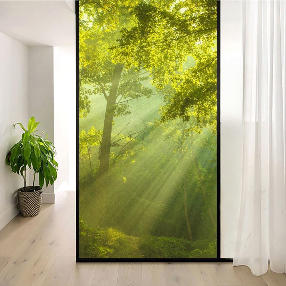 Static Cling Window Film Privacy Heat Control Anti UV Blocking Window Stickers Natural Landscape-Forest 3 Decorative Frosted Window Film W34.6 x H49.2(88x125cm)