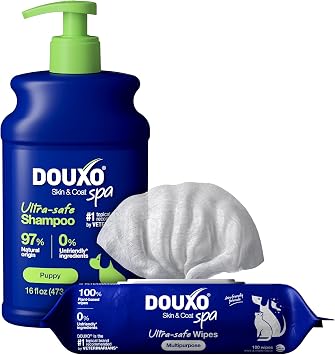 DOUXO Skin & Coat SPA Ultra-Safe Combo for Puppies, Puppy Shampoo 16 fl oz, Gently Cleanses & Hydrates Delicate Skin + Multipurpose Wipes 100 Count, Refreshes Coat