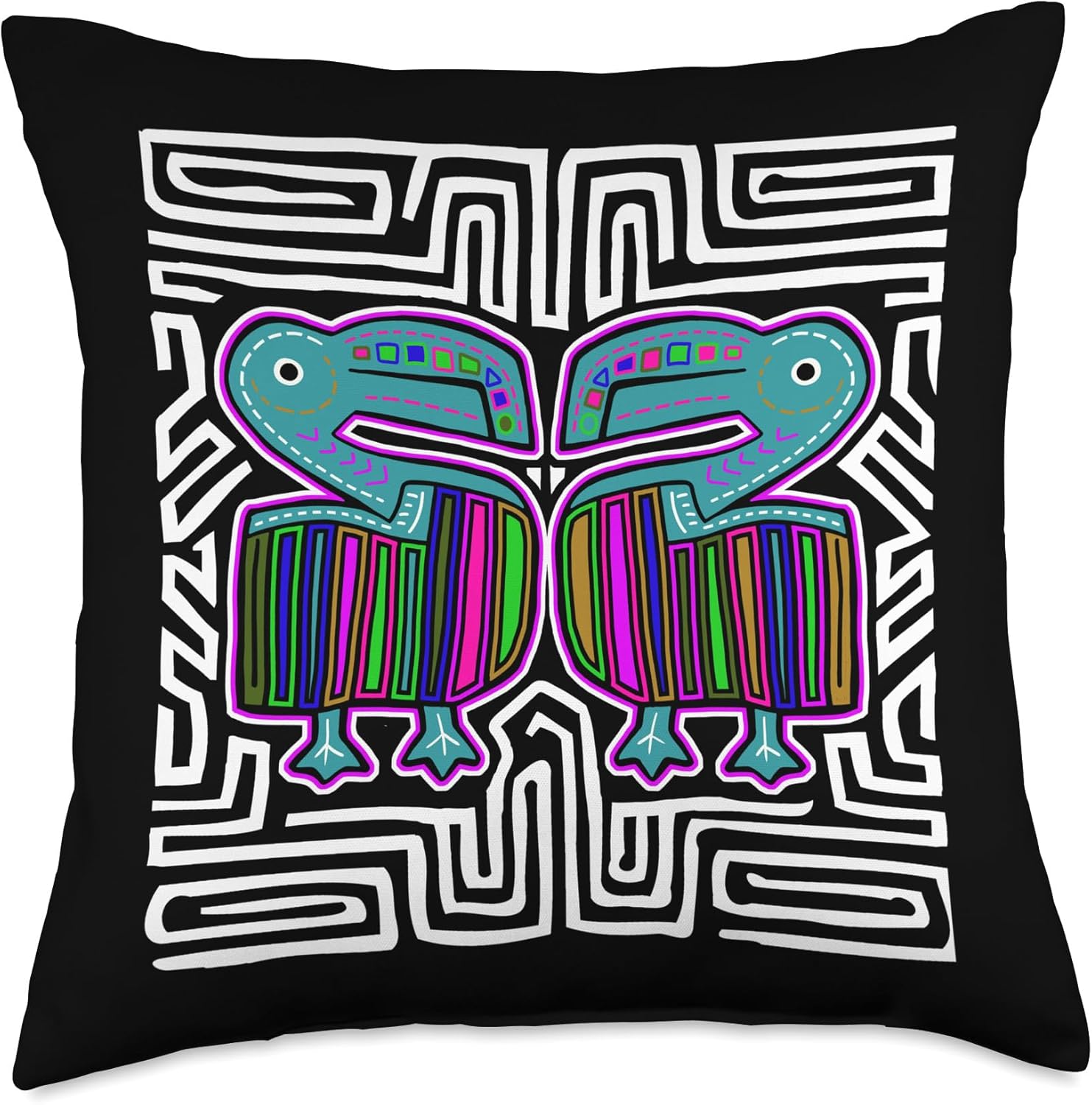 Pelican Mola Art by Panama Kuna Tribe Fishbird Pelecanus Throw Pillow